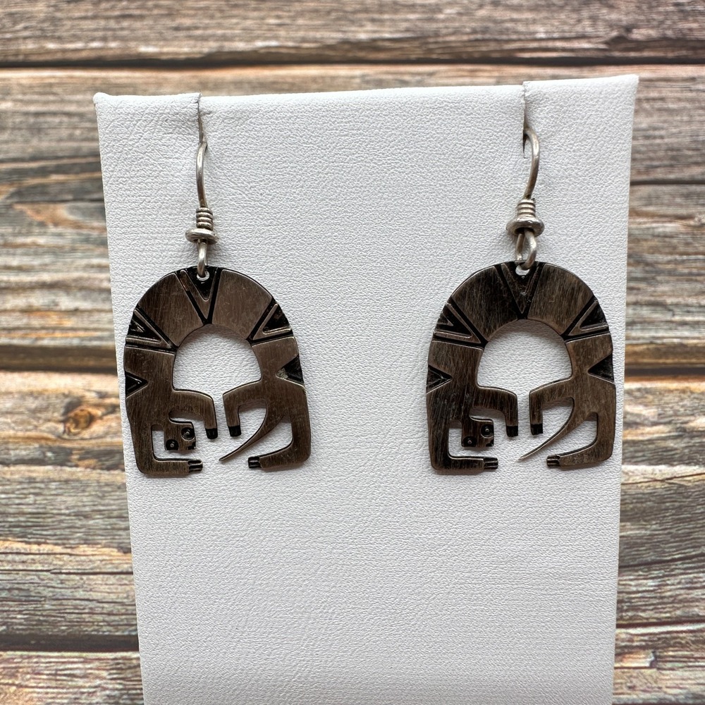 Southwestern Petroglyph Drop Earrings Silver Tone Tribal Boho Statement Vintage